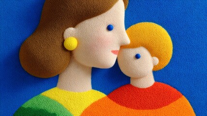 Mother and son embracing, showing love and family bond with textured colorful illustration