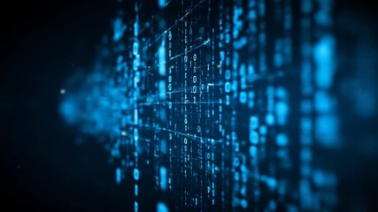 Abstract blue binary code data stream on dark background, symbolizing digital information, big data, computing, and cybersecurity. - Powered by Adobe