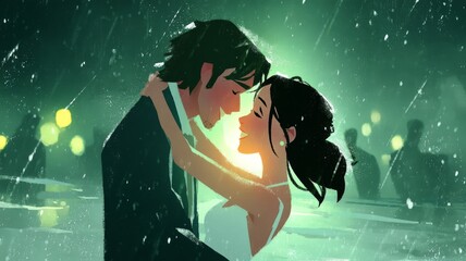 Young loving couple dancing in the rain, sharing a romantic moment during a celebration at night