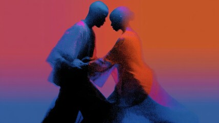 Dancing couple connecting showing intimacy and strong emotions with blurred movement and vivid color gradient