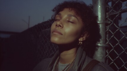 Young woman enjoying urban night, eyes closed feeling tranquil moment, finding peace outdoors