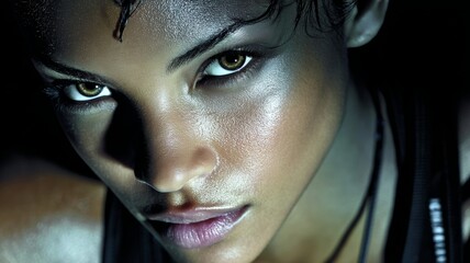 Determined woman with an intense gaze and glistening skin, feeling strong and focused in dramatic lighting