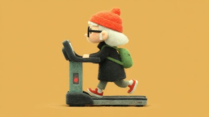 Elderly woman character with glasses and backpack running on a treadmill, staying fit and active in old age