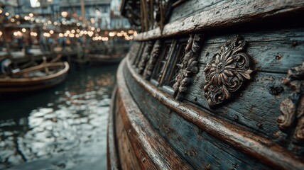Close up of an old ship's wooden hull, featuring detailed ornate carvings and weathered textures, moored in a bustling port