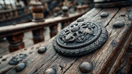 Ship detail showing ornate metal decoration on weathered wooden hull featuring aged rivets, sailing history concept
