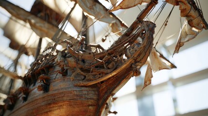 Detailed wooden model galleon showcasing intricate historical sailing ship design with rigging and tattered sails