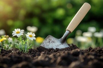 Close up of a metal garden trowel planted in rich soil with white daisies nearby, capturing fresh growth and the quiet focus of gardening work in soft morning light showing texture.