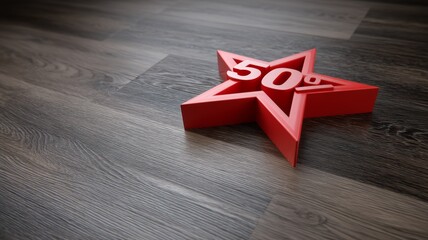 Red star with 50 percent discount on wooden floor, celebrating sale promotion or anniversary event success