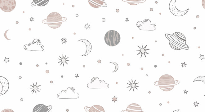 Fototapeta A whimsical space pattern with hand-drawn planets, moons, stars, and clouds on a white background