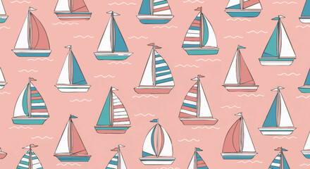 Charming illustration featuring a repeat pattern of colorful sailboats on a pink background