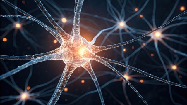 A close-up view of neurons showcasing their intricate structures, with glowing connections that represent neural activity.
