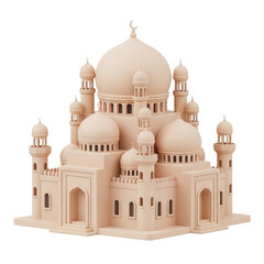 Detailed architectural model of a grand Islamic mosque building.