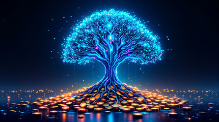 Futuristic Tree of Knowledge with Technology Roots and Golden Coins