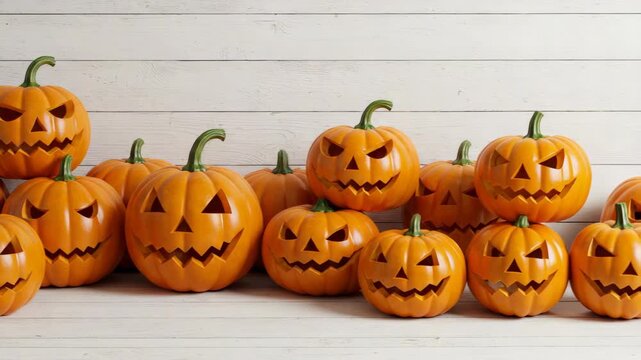 Pile of Orange Carved Pumpkins with Spooky Faces on Light Wooden Background for Halloween Decoration in Festive Autumn Season