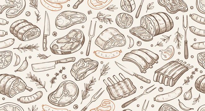 Seamless hand-drawn pattern featuring various cuts of raw meat, sausages, spices, and butcher tools, perfect for culinary and butcher shop designs