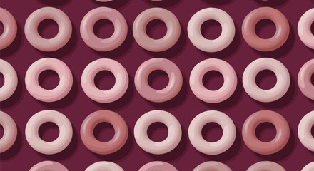 Fototapeta premium Seamless repeating pattern of glossy pink and purple frosted donuts on a deep purple background. Great for food, dessert, or confectionery design