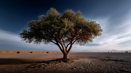 Lone Tree Open Desert Landscape Pale Sky Wide Angle