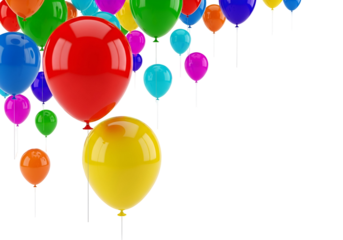 Vibrant Colorful Party Balloons Floating on White Background. Bright and Festive Multicolored Celebration Elements for Birthday, Holiday, and Event Decorations.