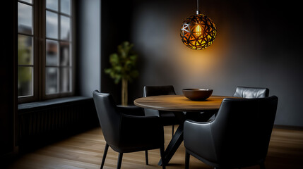 Single Pendant Lamp Round Table Empty Room Wood Floor