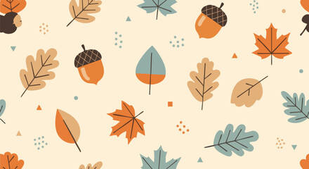 Fototapeta premium Vibrant seamless pattern featuring stylized autumn leaves and acorns in warm earth tones against a pale background