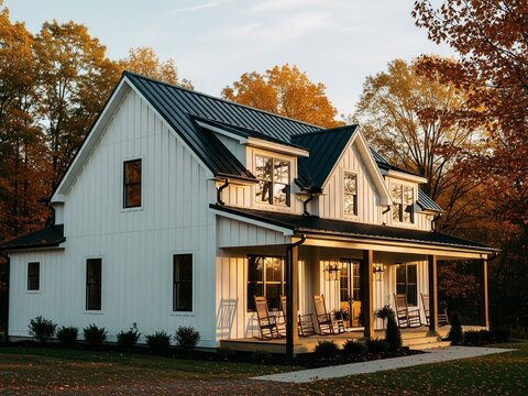 Modern American Farmhouse Exterior with Wrap-Around Porch at Golden Hour in Autumn