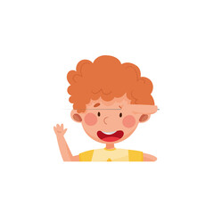 Cheerful Boy With Curly Red Hair Waving Hello While Wearing A Yellow T-shirt Against A White Background
