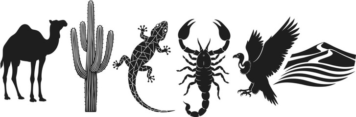 Desert wildlife and nature silhouette vector illustration with camel, cactus, lizard, scorpion, vulture, and sand dunes on white background, minimal design