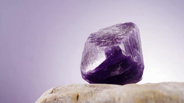 Raw amethyst crystal mineral resting rough purple stone near workshop bench with soft studio lighting and subtle reflective sheen enhancing natural