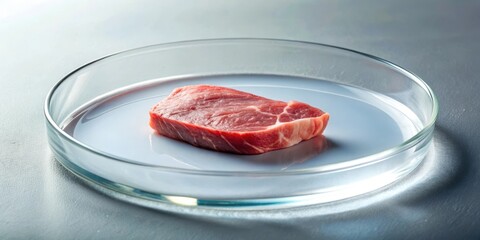 A single piece of raw meat rests on a glass laboratory dish, a pristine specimen for scientific examination or culinary innovation