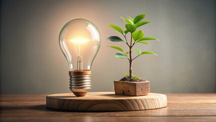Illuminating Growth A Glowing Bulb and a Thriving Sapling Symbolize Sustainable Energy and Environmental Progress on a Wooden Surface