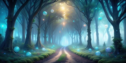 Enchanted Forest Path Mystical Balloons Float Amongst Glowing Trees and a Winding Road