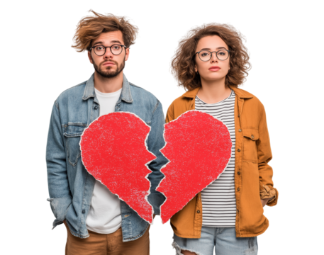 Two young people mourn their broken love with a torn red heart isolated on a transparent background