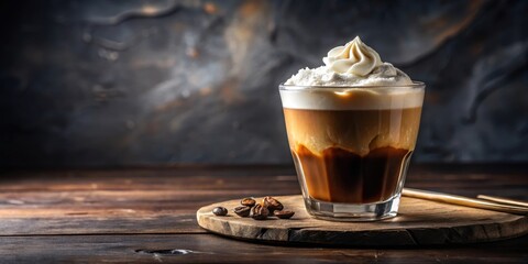 Creamy Coffee Delight A Rich Espresso Beverage with Whipped Cream and Coffee Beans on Rustic Wood
