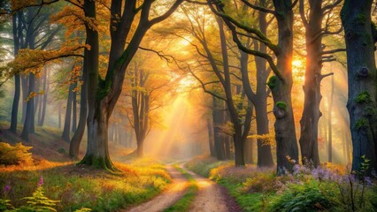 Golden Sunlight Illuminates a Winding Path Through an Autumnal Forest, Casting a Magical Glow on the Lush Undergrowth and Ancient Trees
