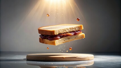 A delectable sandwich, seemingly suspended in mid-air, with a rich, dark spread between two slices of golden-brown bread, illuminated by a radiant spotlight, creating a captivating culinary scene.