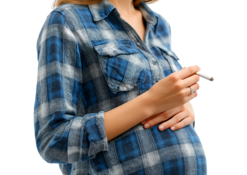 Pregnant Woman Smoking a Cigarette, Highlighting Dangerous Habits During Gestation isolated on a transparent background