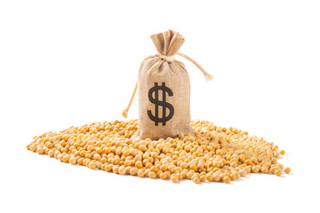 A burlap sack of US money atop soybeans symbolizes the economic fallout of the U.S.–China trade...