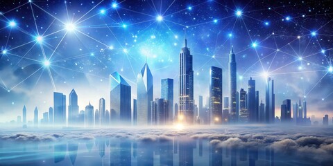 A Futuristic Metropolis Above the Clouds, Interconnected by a Glowing Network of Light Representing Global Communication and Technological Advancement