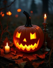 Carved pumpkin illuminated by candlelight in moody halloween still life halloween costumes holiday party horror design custom scary