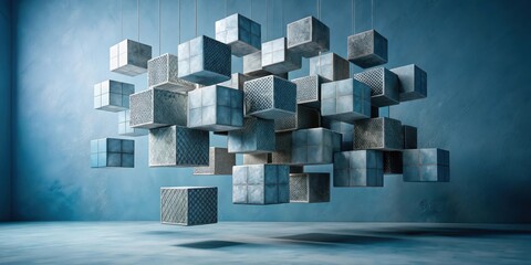 Suspended Cubical Structure with Textured Surfaces and Subtle Metallic Accents in a Serene Blue Environment