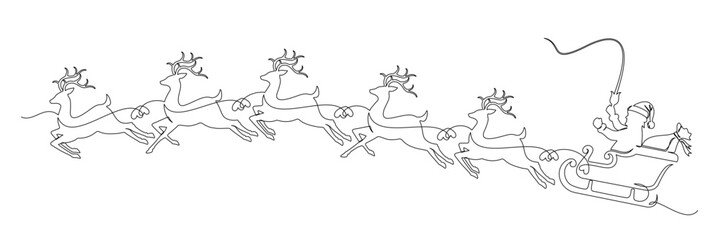 sleigh with Santa Claus and reindeer continuous line drawing on white background vector for merry Christmas 4.eps