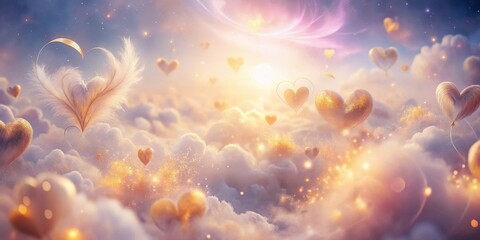 Golden Hearts Floating on a Dreamy Cloudscape, Illuminated by a Gentle Glow and Sparkling Dust