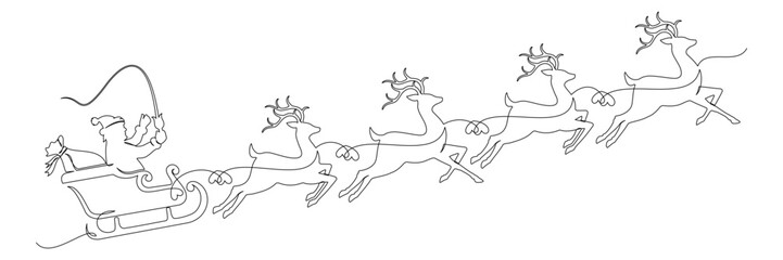 sleigh with Santa Claus and reindeer continuous line drawing on white background vector for merry Christmas.eps