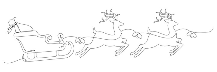 sleigh with Santa Claus and reindeer continuous line drawing on white background vector for merry Christmas 3.eps