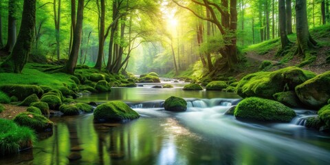 Serene Forest Stream Sunlight Illuminates Moss-Covered Rocks and Lush Greenery, Creating a Tranquil and Picturesque Natural Scene