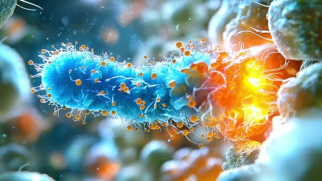 Highly detailed microscopic view of a harmful bacteria or pathogen glowing with orange energy representing infection disease or scientific research