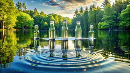 Serene Glass Bottles Float Gently on Tranquil Water, Reflecting the Lush Greenery of a Picturesque Lakeside Setting at Sunset