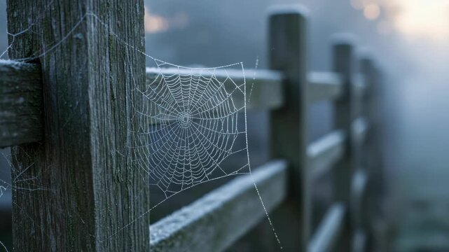 Frosty Spiderweb on Wooden Fence in Morning Mist