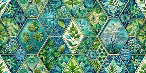 A Serene Tapestry of Botanical Illustrations in a Geometric Arrangement Featuring Diverse Green Hues and Intricate Leaf Designs