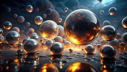 Illuminated Spheres Floating Across a Dark Surface, Reflecting Inner Lights and Glowing Embers
